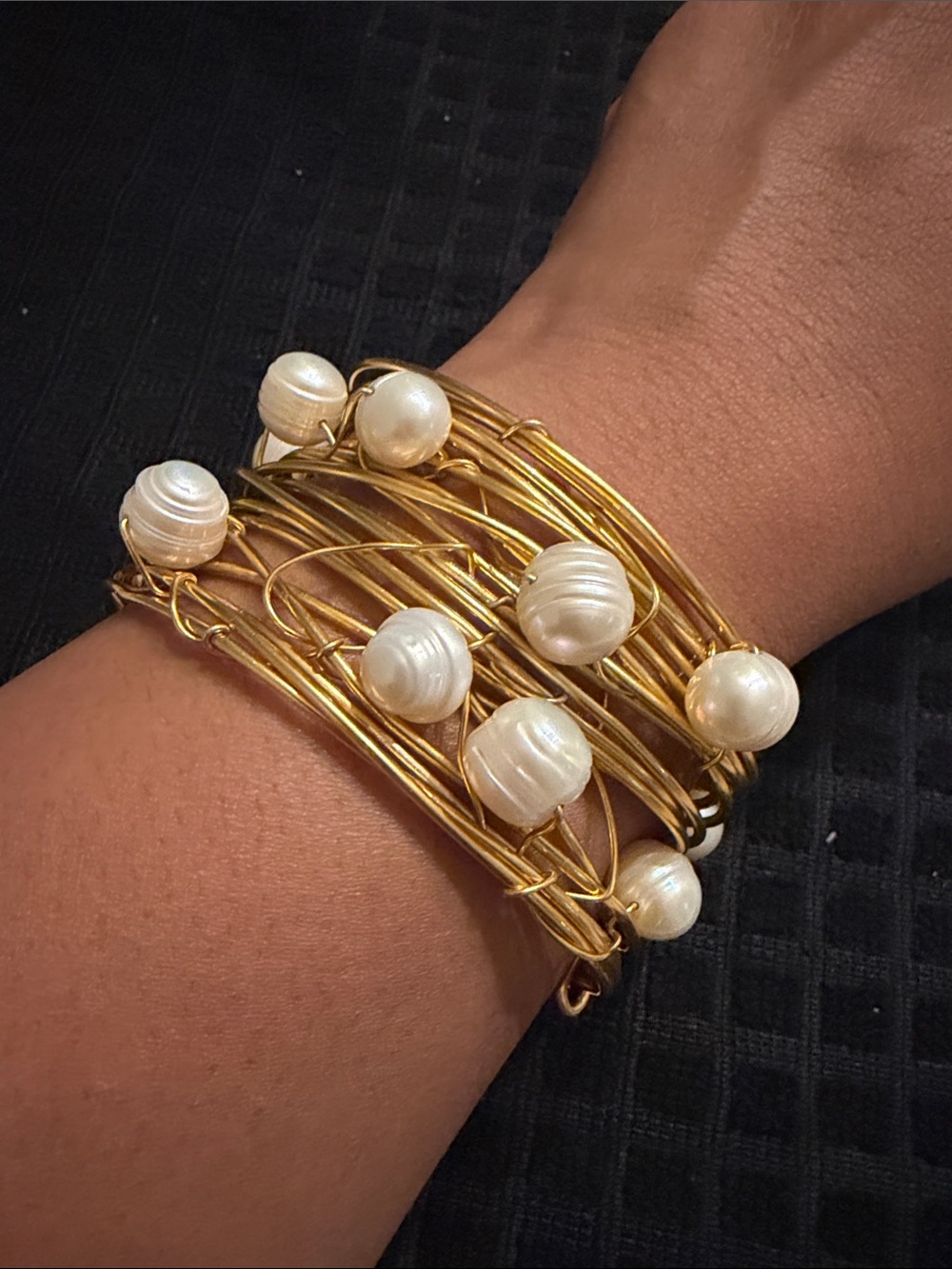 Gold Pearl Multi-Wrap Bangle Bracelet